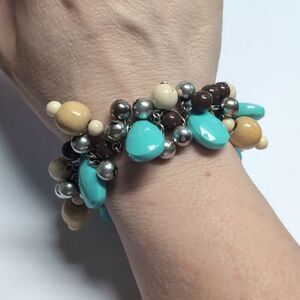 407 Chunky Silver Brown Blue and Cream Beaded‎ Stretch Bracelet